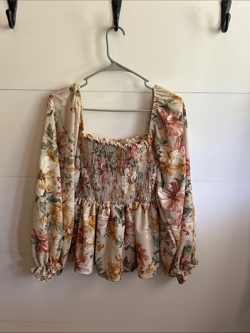 BiBi Cream Floral Smocked Square-Neck Peplum Top